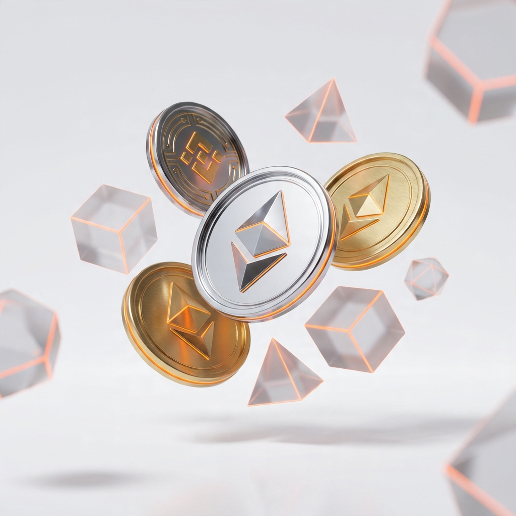 Floating gold and chrome cryptocurrency coins